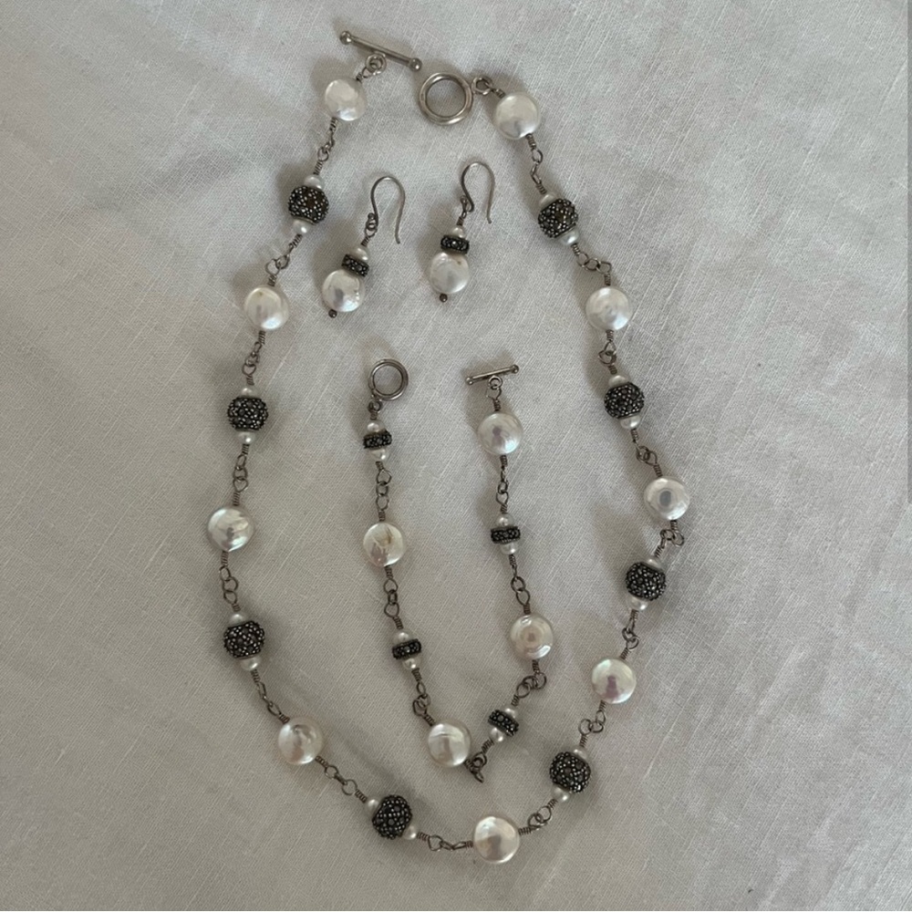 Necklace Earrings and Bracelet Set Sterling Silver Fresh Water Pearl Marcasite